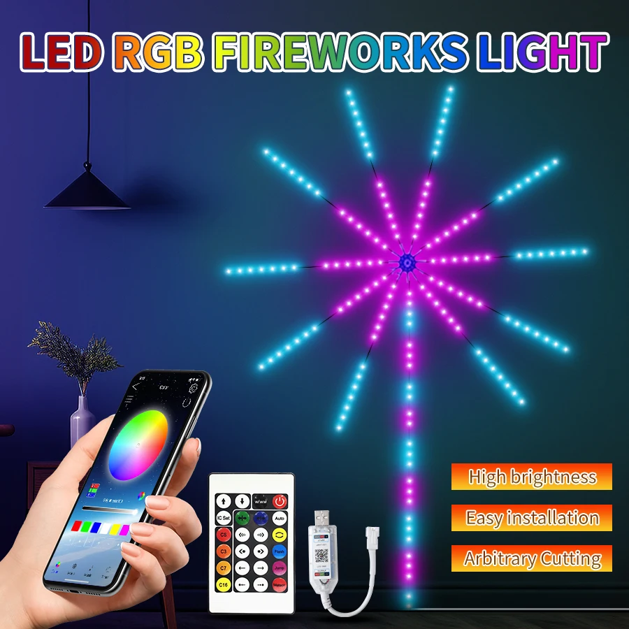 5V USB RGB Firework Light Strip Bluetooth APP Control Colorful Firework Light Music Sound For Bedroom Festival Wedding Party Dec