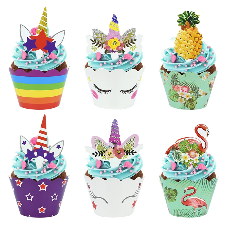 

12Set Rainbow Unicorn Cupcake Wrappers Cake Topper Hawaiian Tropic Flamingo Pineapple Birthday Party Decorations Baby Shower