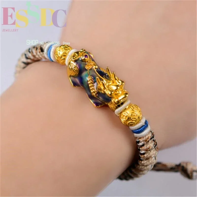 Fashion Men's Change Color Pixiu Charm  Bring Wealth Army Fan Outdoor Copper Handmade Lucky Rope Chain Bracelet Dropship