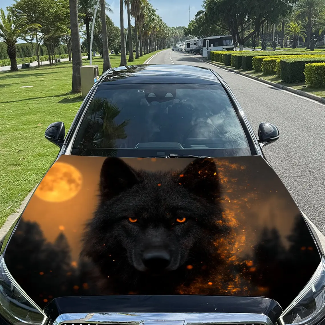 

Fierce Orange Eyed Black Wolf Under Full Moon Car Vinyl Wrap, PVC Material Waterproof Car Hood Sticker, Self-Adhesive Scratch-Re