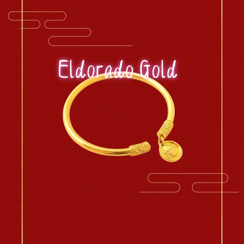 

Pure gold 999 glossy round stick yellow God of Wealth pendant bracelet Light luxury ethnic bracelet open braceletValentine's Da