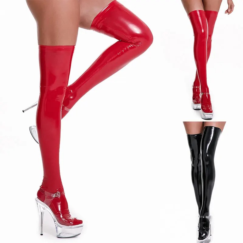 Women Sexy Patent Leather Thigh High Stockings Oil Shiny Tight Socks Pole Dance Hosiery Latex Stockings Cosplay Club Party