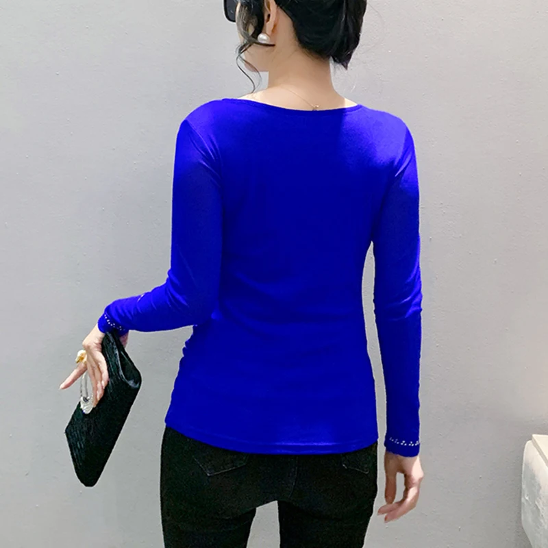 2024 New European Clothes Fall T-Shirt Chic Sexy Double Mesh Draped Shiny Diamonds Women's Tops Long Sleeve Elastic Tees 49028