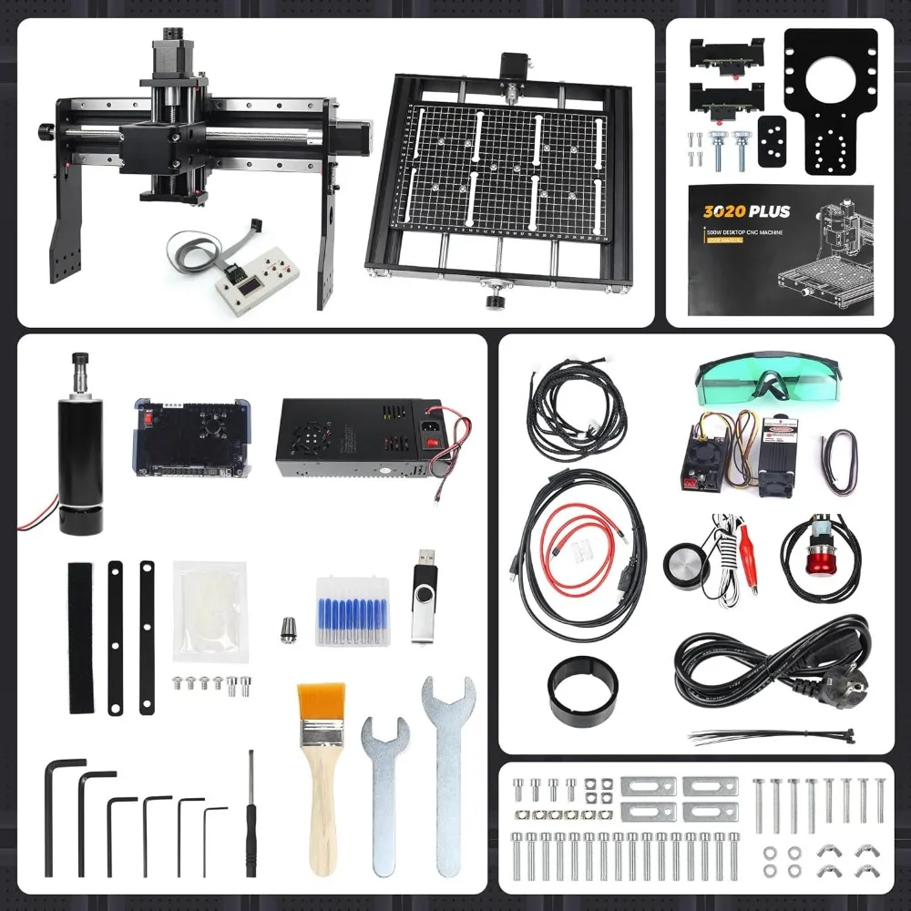 Kit de enrutador CNC 2 en 1 de 500W, módulo de 5,5 W y 5500mW, Mini fresadora CNC 3020 Plus, controlador GRBL sin conexión, interruptor de límite de parada electrónica