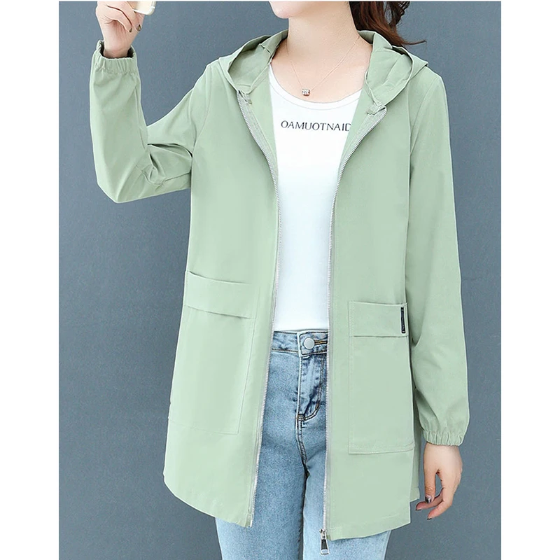 Women's Jacket Spring Solid Windbreaker Jacket Women's Coat Mid-length Big Pocket Coat Loose Oversize Hooded Zipper Outerwear