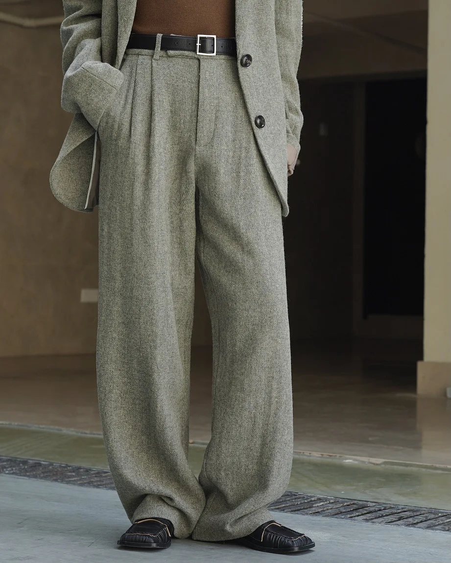 Autumn and winter wool women's casual solid color high waist loose wide leg pants