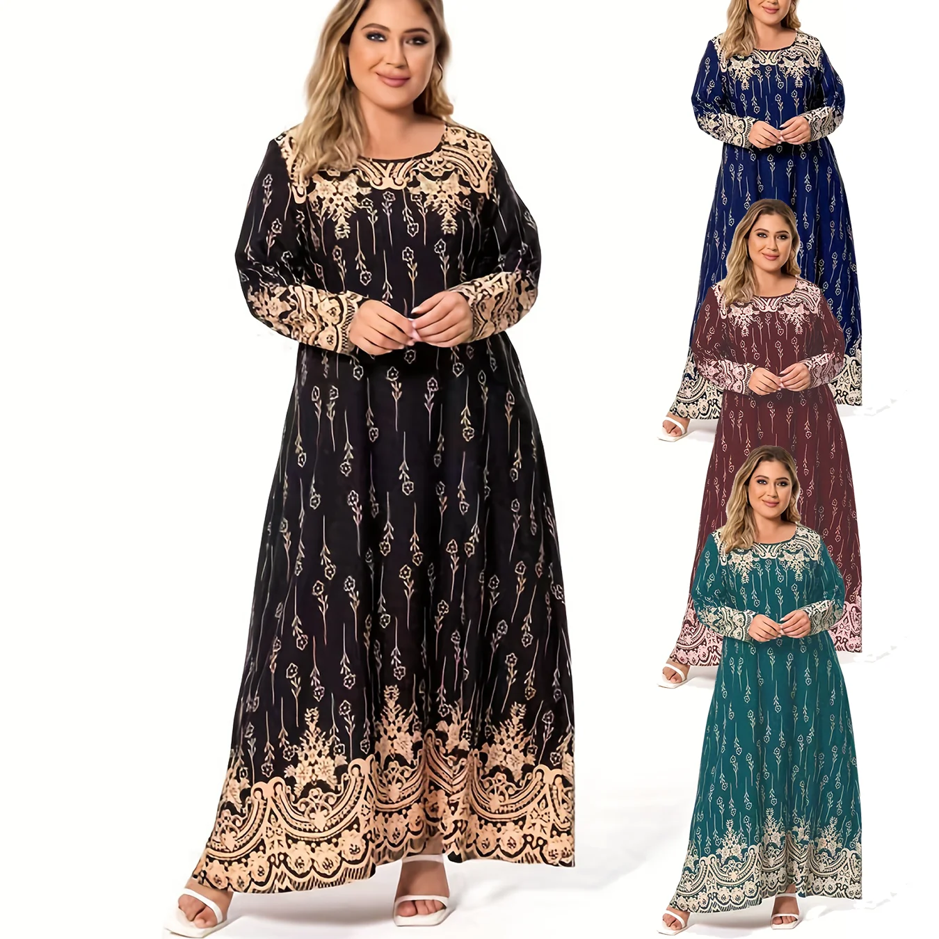 Plus size women\'s spring & summer round neck polyester non-elastic band ethnic print fashionable simple long-sleeved long dress。