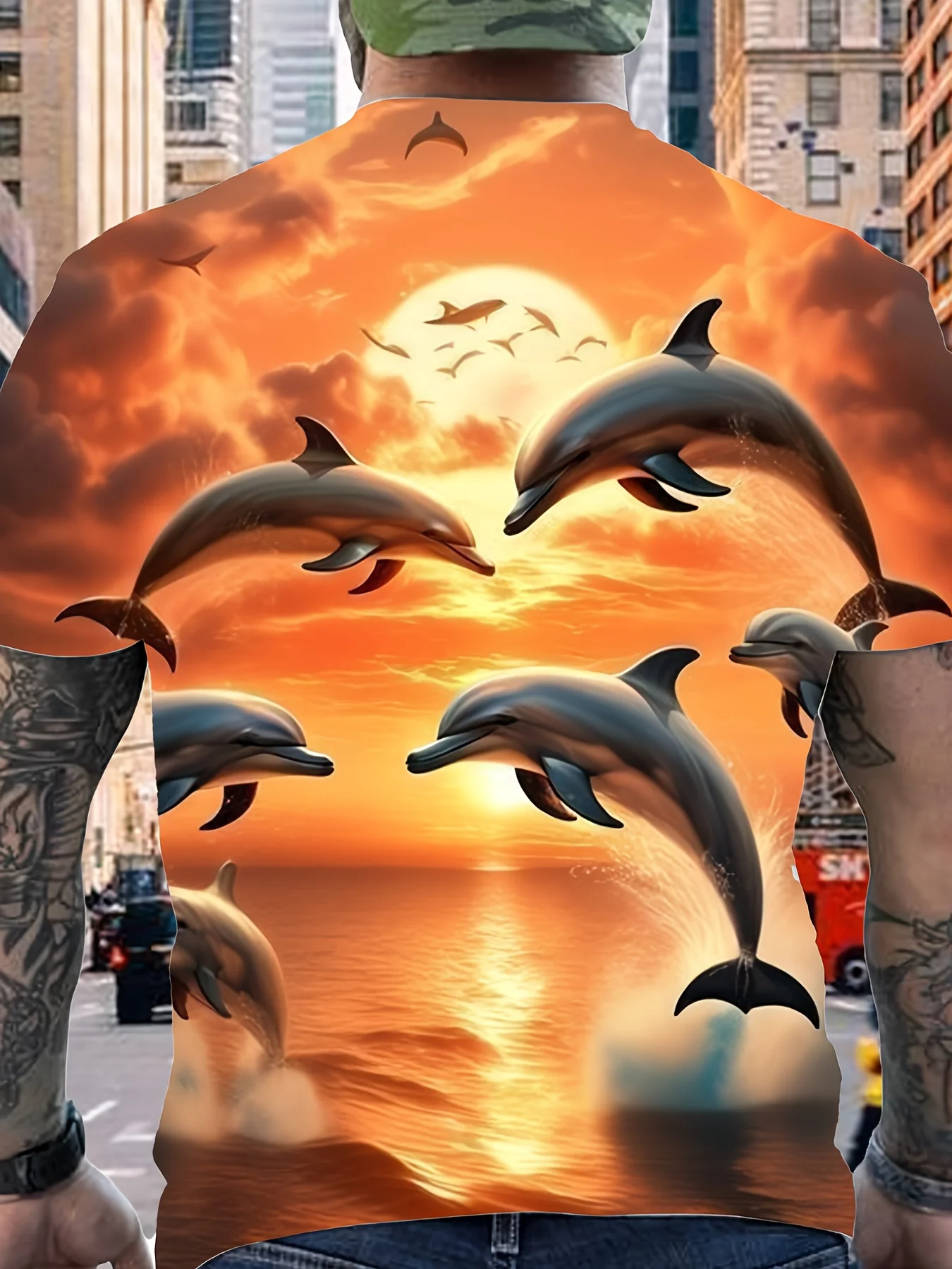 Men's Crew Neck Tee 3D Sunset Ocean Jumping Dolphin Sea Print Casual Tops