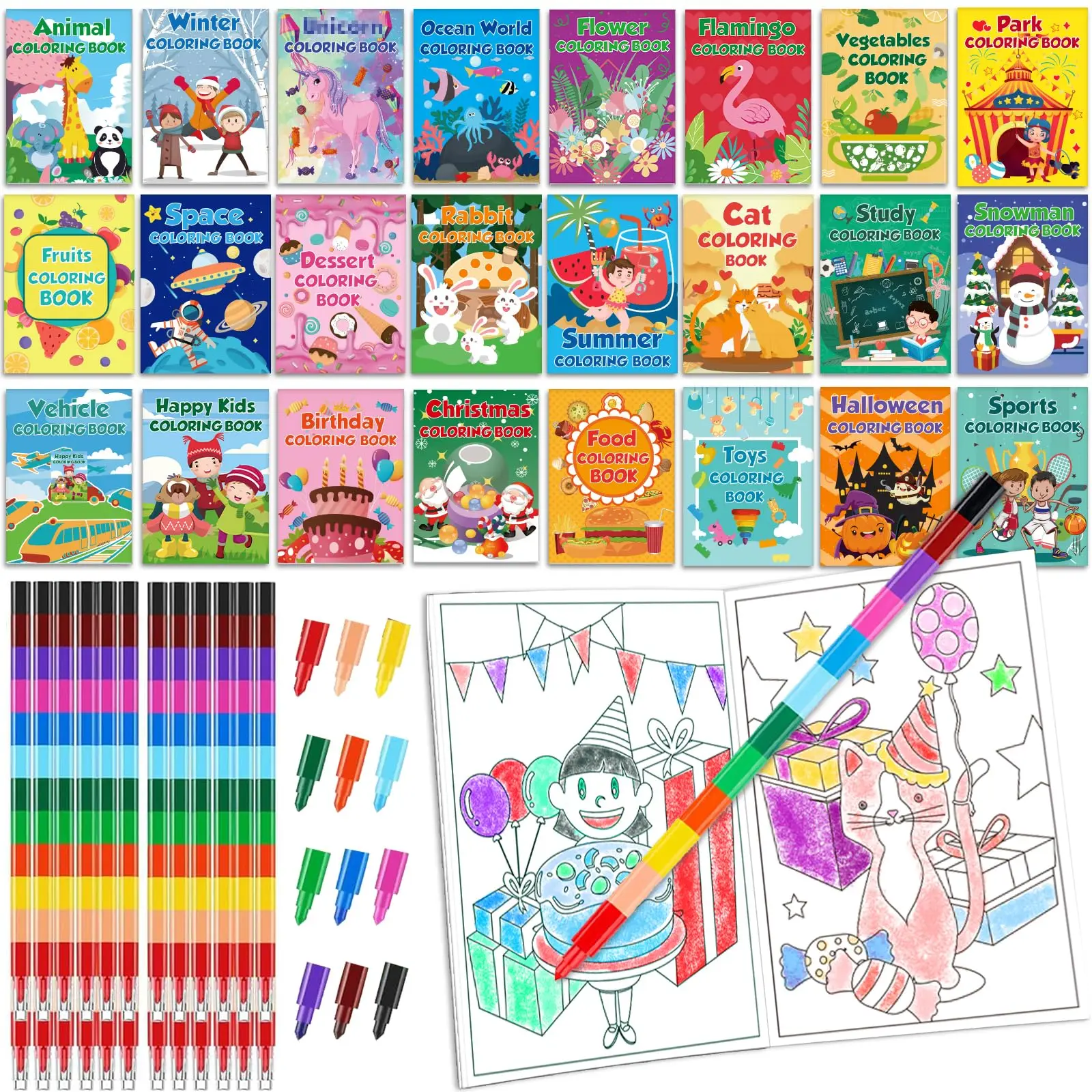 24Pack Small Coloring Books for Kids with 24 Stacking Crayons Set Bulk Coloring Books for Kids Ages 2-4, 4-8, 8-12 Mini Coloring