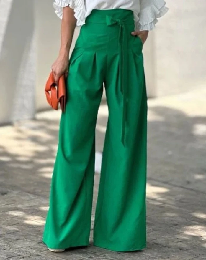 

2024 New Spring Women Fashion Tied Detail High Waist Wide Leg Pants Female Clothes Temperament Commuting Women's Casual Trousers