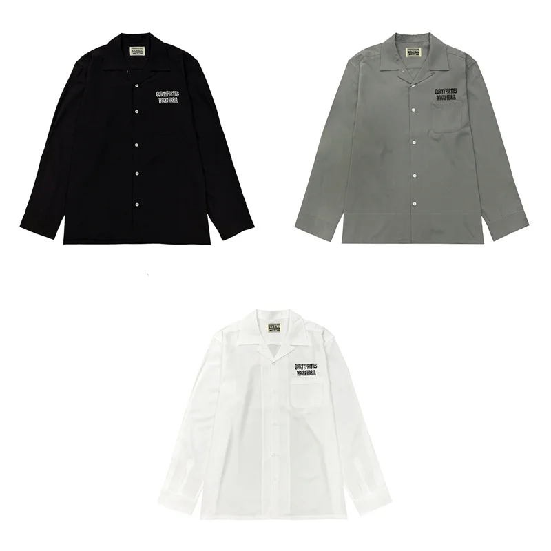 24ss Solid Embroidery Tagline WACKO MARIA Long Sleeve Shirt Fashion Simple White Grey Black Vintage Shirt