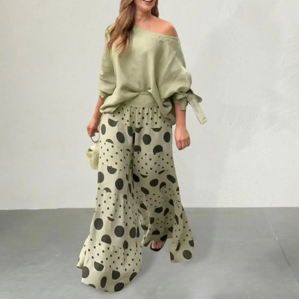 

Женский стильный женский комплект из 2 предметов, топ на одно плечо с бантом на манжетах и широкие брюки с принтом, повседневные свидания