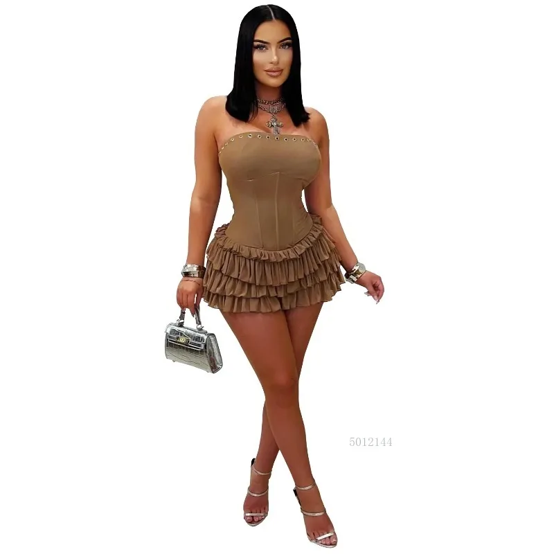 Mulheres sem alças plissado sem mangas babados em camadas midi mini vestido 2026 aniversário férias praia até vestidos