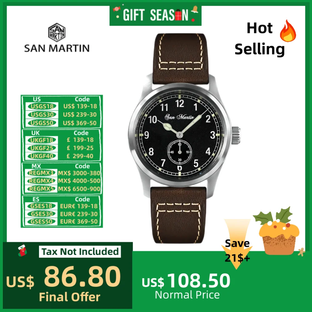 San Martin 37mm Men Quartz Watch RONDA 6004 / 715 Movement Simple Fashion 10Bar Pilot Men\'s Wrist Watches Luminous SN0034A/C