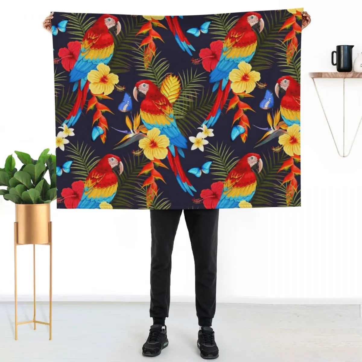 Wild Macaws Painting (Black) - Exotic Tropical Birds - Colorful Parrots Throw Blanket decorative Hairy Designers Blankets