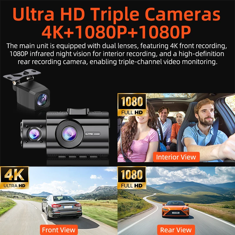 Car DVR 3Channel Dash Cam for Car 4K Video Recorder Dashcam Front and Rear View Camera Night Vision Car Accessories With 32GB