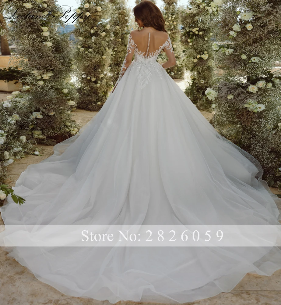 Lceland Poppy Customized Scoop Neck Ball Gown Lace Wedding Dresses Floor Length Long Sleeves Illusion Beaded Bridal Gowns