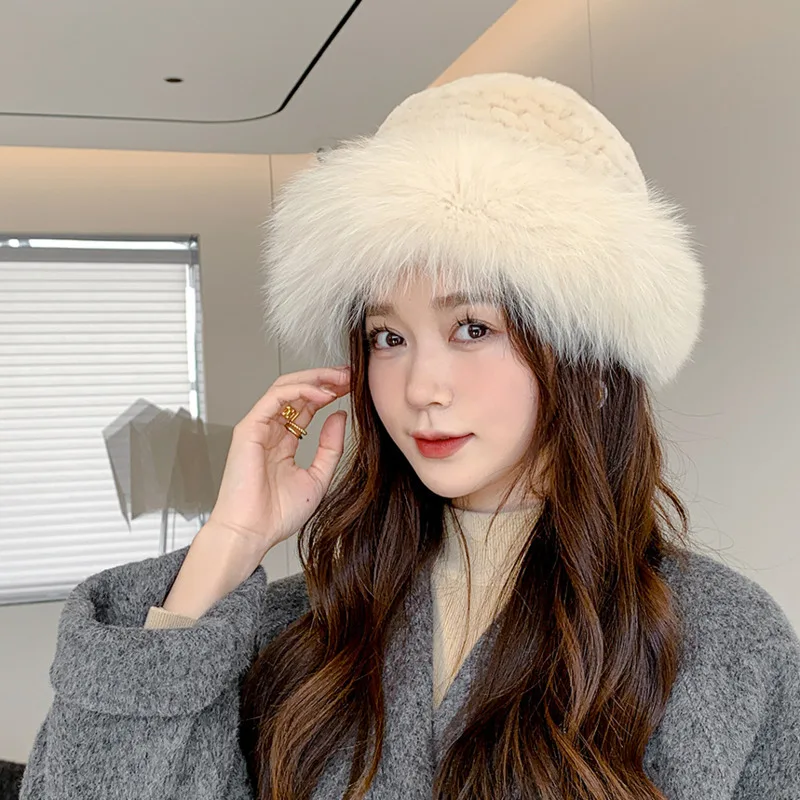 

Warm Fur Hat For Women Winter Real Rex Rabbit Fur Fisherman Hat Luxury Fox Fur Bucket Hat Outdoor Warm Natural Fox Fur Hats