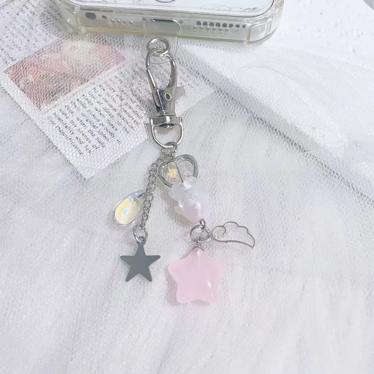 Cute Jelly Star Keychain Pink And Blue Y2K Bag Charm Bead Matching Keychain Bag Pendant Keyring  Matching Keychain