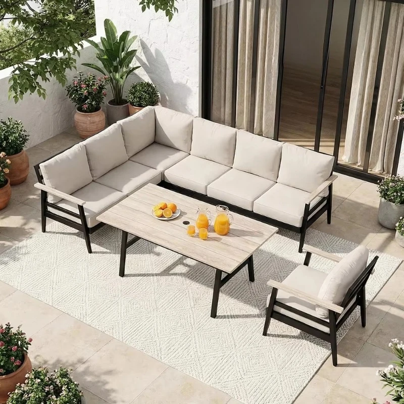 

Modern villa farmhouse outdoor 7-seater luxury corner sofa set with aluminum frame