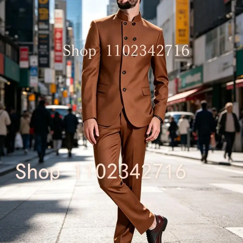

Brown Men Suit Groom Stand Collar Blazer Slim Fit Wedding Suits Casual Tuxedo Best Man Formal Party Suits 2 Piece Groom Tuxedos
