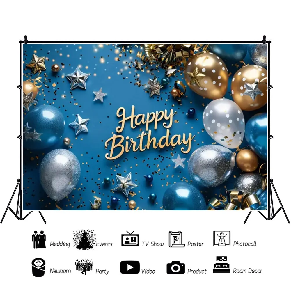 Happy Birthday Flower Balloon Black Gold Photography Studio Props Backdrop Shining Star Champagne Gift Background Decor Banner