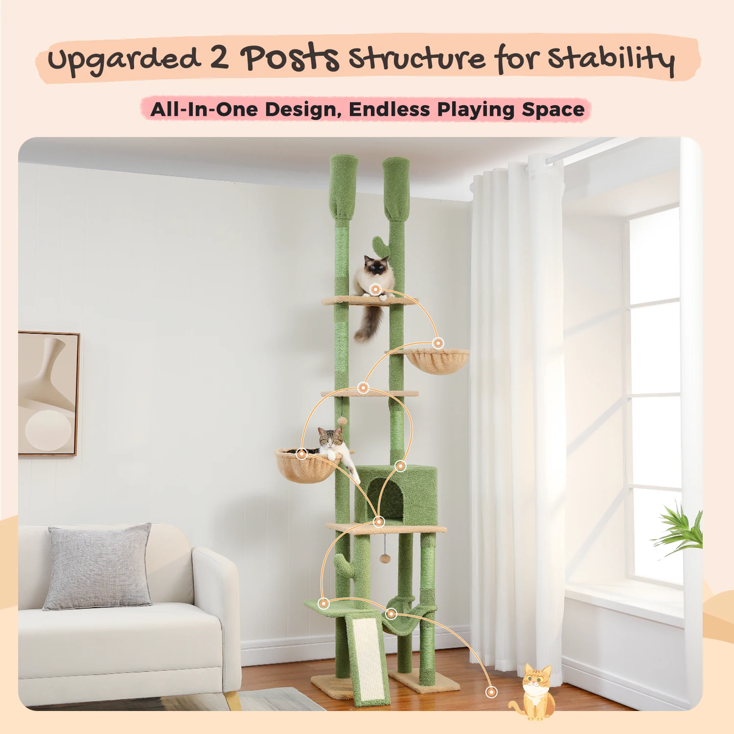 

Cactus Cat Tree Floor to Ceiling Cat Tower with Adjustable Height 7 Tiers Climbing Activity Center with Cozy Hammocks 5 Platfor