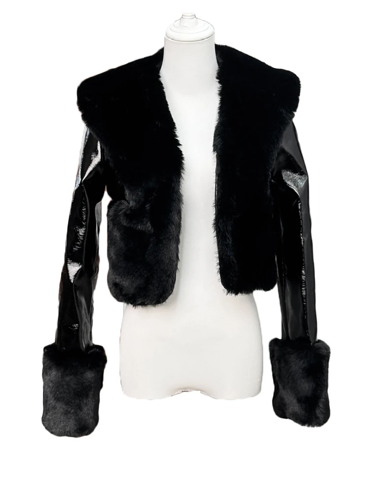 [EAM] Black Brief Short Slim Elegant Faux Fur Jacket New Lapel Long Sleeve Women Coat Fashion Tide Autumn Winter 2026 1DJ8957