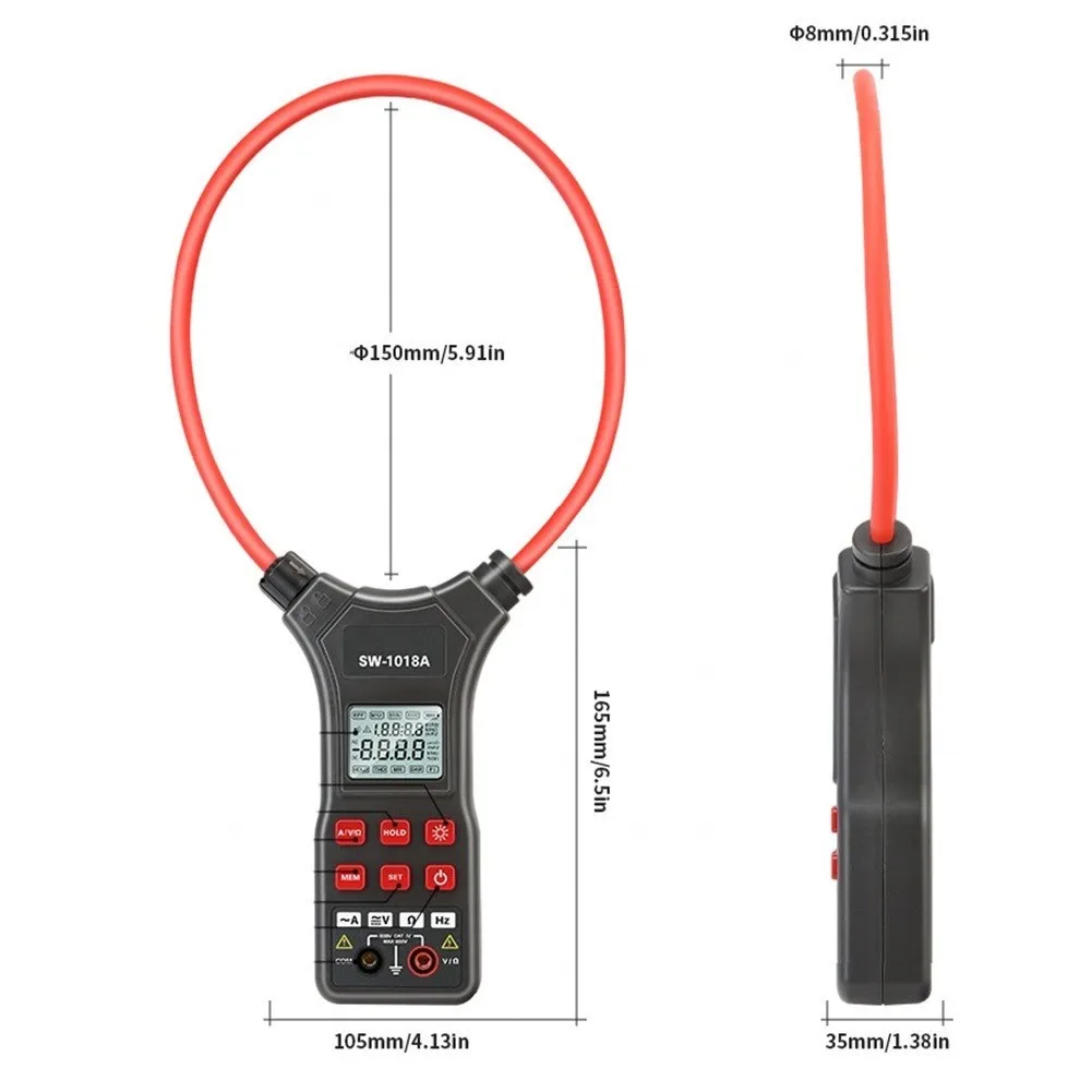 Digital Flexible Clamp Meter SW1018A for AC DC Current Voltage Resistance Measurement 9999A High Range Backlit LCD Screen
