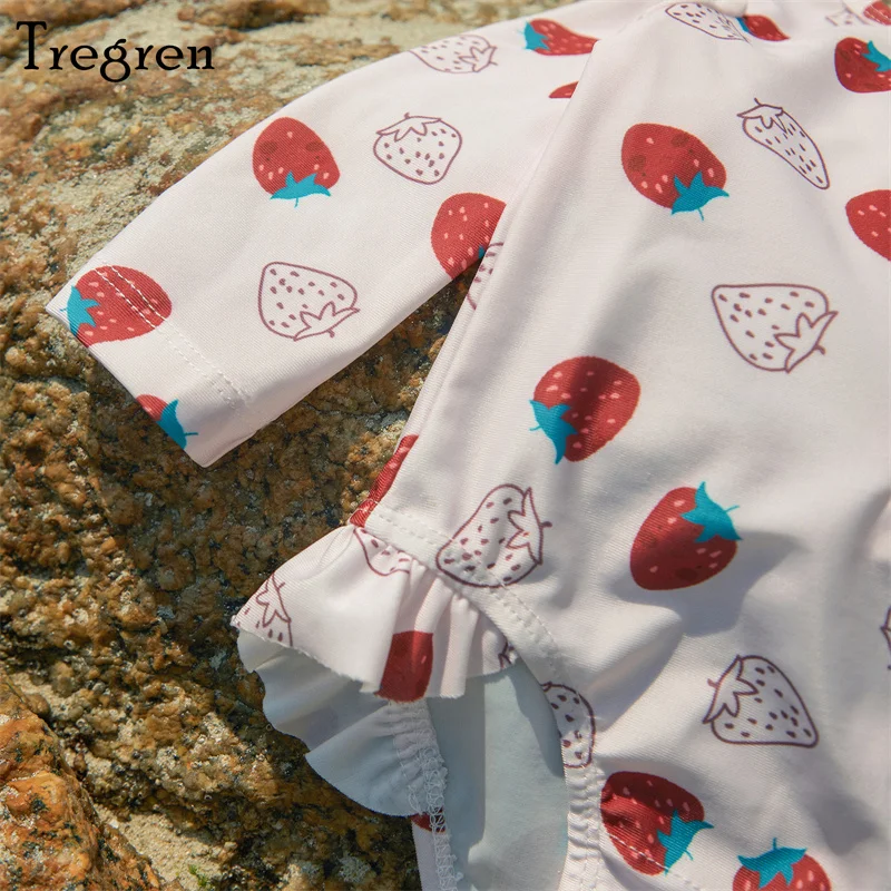 Tregren Toddler Baby Girl Swimsuit Strawberry Print Zipper Jumpsuit Swimwear With Headband Infant Bathing Suit Summer Beachwear