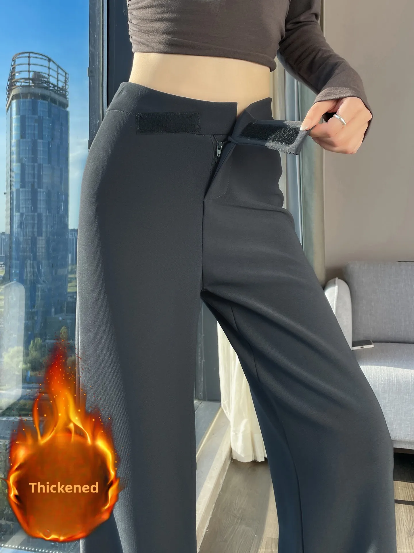 Thiened Fce doublé pantalon à jambes larges taille haute coupe ajustée pantalon décontracté coréen Sle trajet vent couleur Pure fermeture à glissière