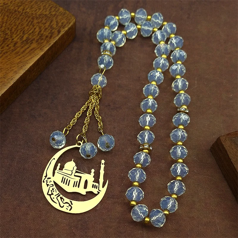 

Islamic Mosque Crescent Moon Car Pendant for Women Men Stainless Steel Gold Color Arabic Muslim Glass Pray Beads Chain Jewelry