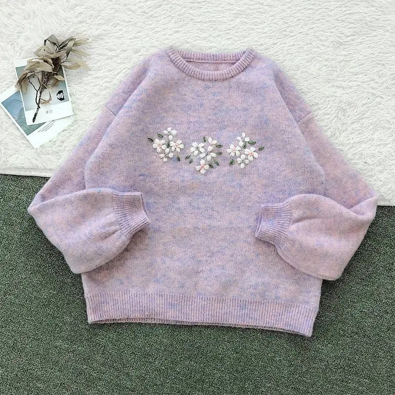 

Sweet Fre ранней осенью свободный ретро фиолетовый белый цветочный вышивка ленивый вязаный свитер длинный свек женская одежда