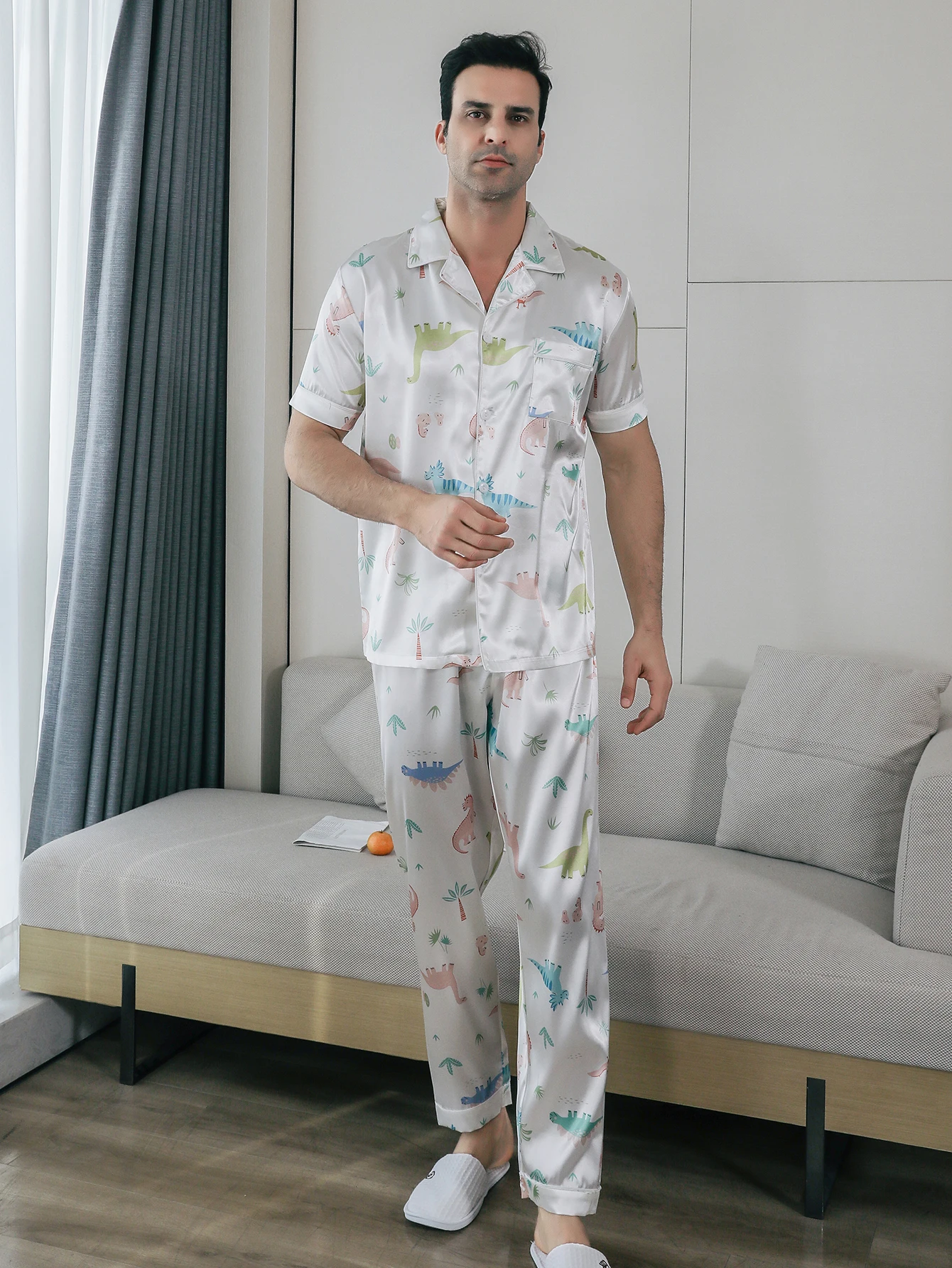 Two piece sets men's sleepwear summer short sleeved pants cartoon dinosaur pattern printed home clothes sleepwear set