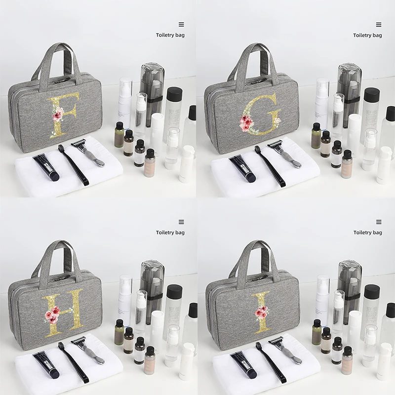 

Golden letter printed travel waterproof foldable dry wet separation wash bag with large capacity cosmetic storage bag