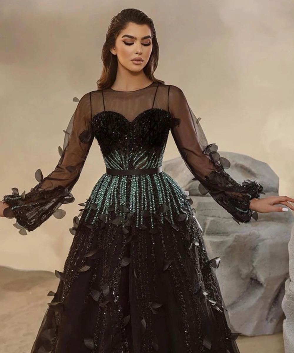 Abschluss ballkleid exquisite Boots hals boden länge Langarm A-Linie Empire Chiffon formelle Abendkleider 이브닝드레فستان حفلات الزفاف – Detail 4
