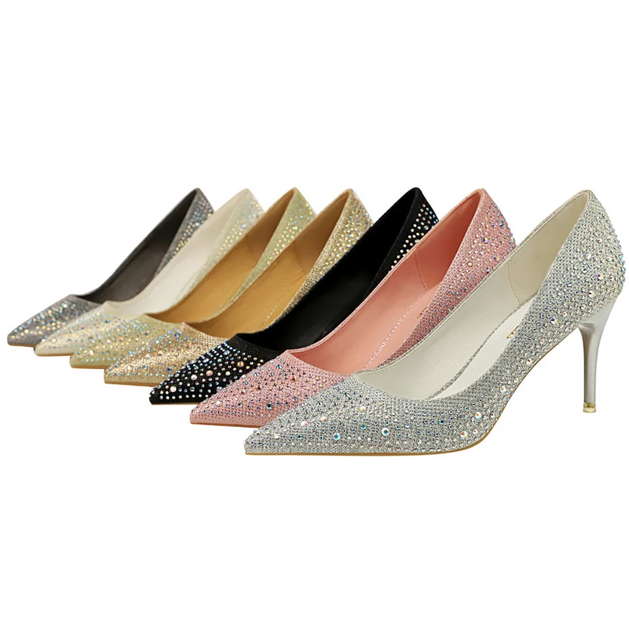 حجم كبير 43 النساء مضخات موضة أحذية الزفاف حجر الراين بريق العروس عالية الكعب خنجر 7 سنتيمتر 10 سنتيمتر الفاخرة مضخات أحذية الحفلات #3