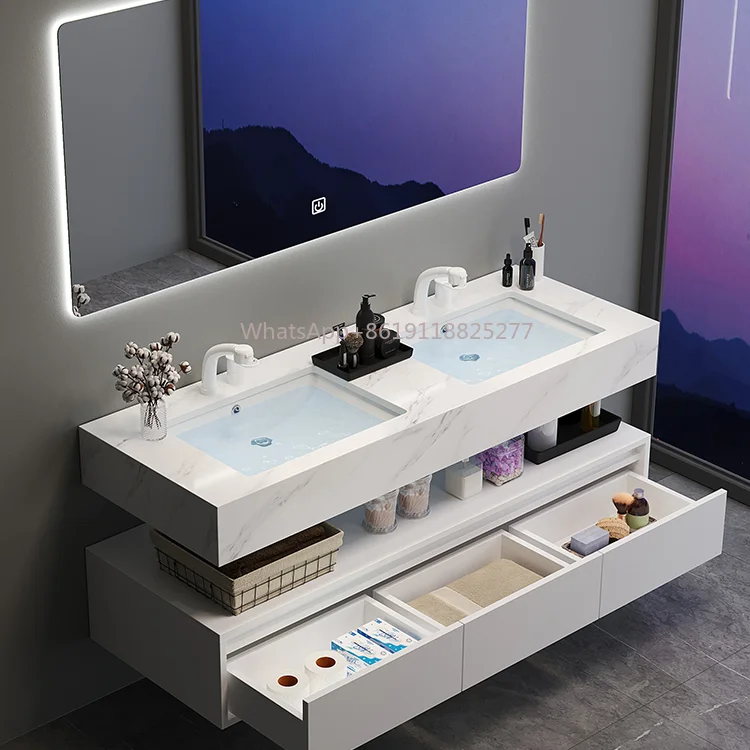 

bathroom vanity and intelligent mirror with cabinet Floating custom color vanities melamine surface plywood materials