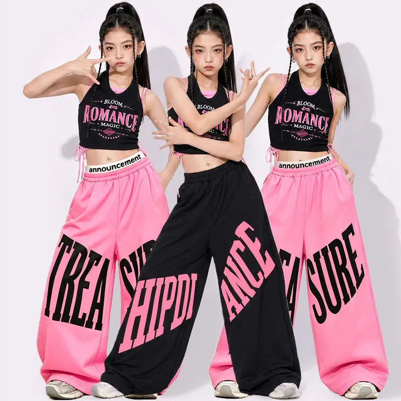 

New Girls Jazz Hip Hop Dance Clothes Sets Black Crop Tops Baggy Pants Group Cheerleading Performance Costume Stage Wear Outfits
