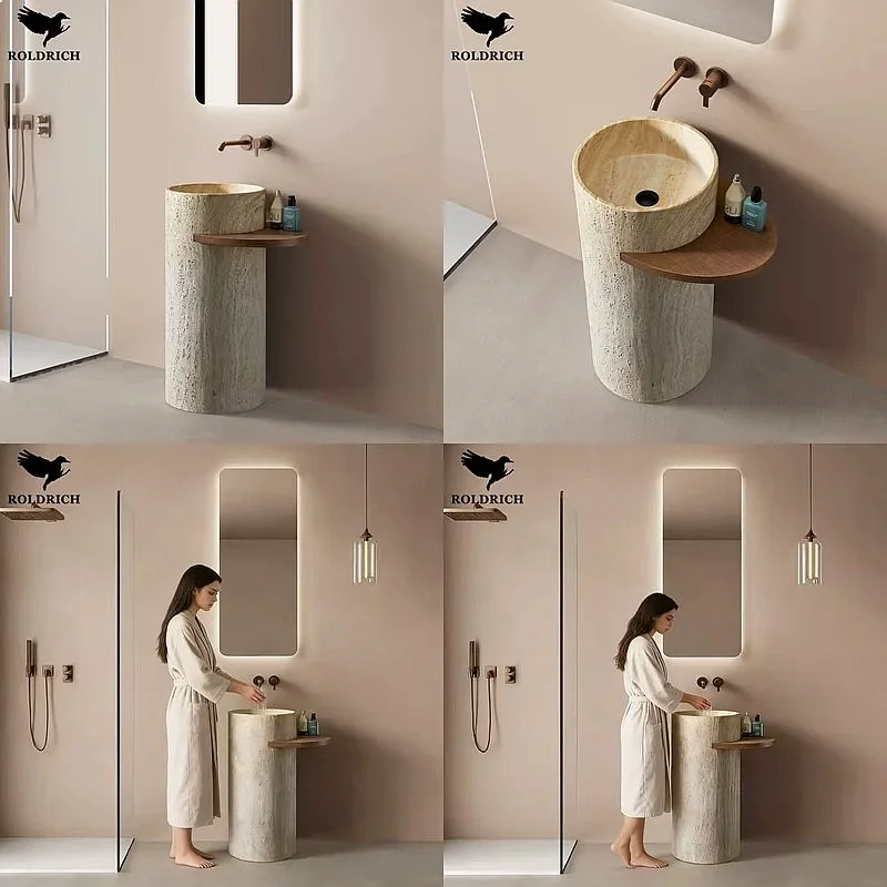 80 N Vintage Artificial Travertine Beige Floor Standing Washbasin Hotel Sink Vanity Basin Pedestal