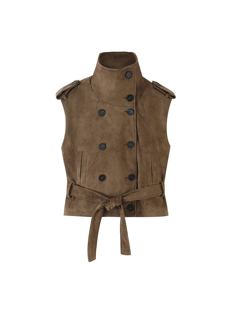TFMLN Women Vintage Vest Autumn New Double‑Breasted Belt Cropped Gilet Fashion Ladies Faux Suede Street Casual Waistcoat