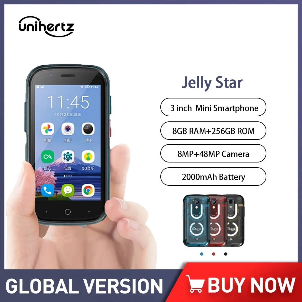 Unihertz Jelly Star 3 Inch Smallest Smartphone Android 13 8GB 256GB Led Light Unlocked Transparent Backshell 48MP 4G Mini Phones