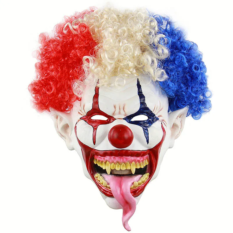 

2025 Stage Play Clown Mask Party Horror Blast Head Big Mouth Long Tongue Wig Prop