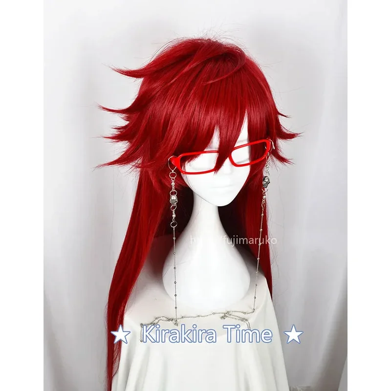 LQKuroshitsuji الأسود بتلر Grell Sutcliff أحمر طويل مستقيم مقاومة للحرارة الشعر تأثيري حلي شعر مستعار + الجمجمة سلسلة نظارات