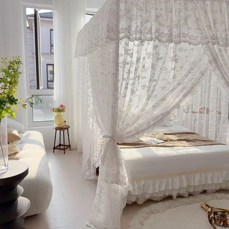 Light Luxury High-end Jacquard White Romantic Lace Mosquito Net No Bracket Three Door Bed Curtain Encrypted Bed Curtain For Home