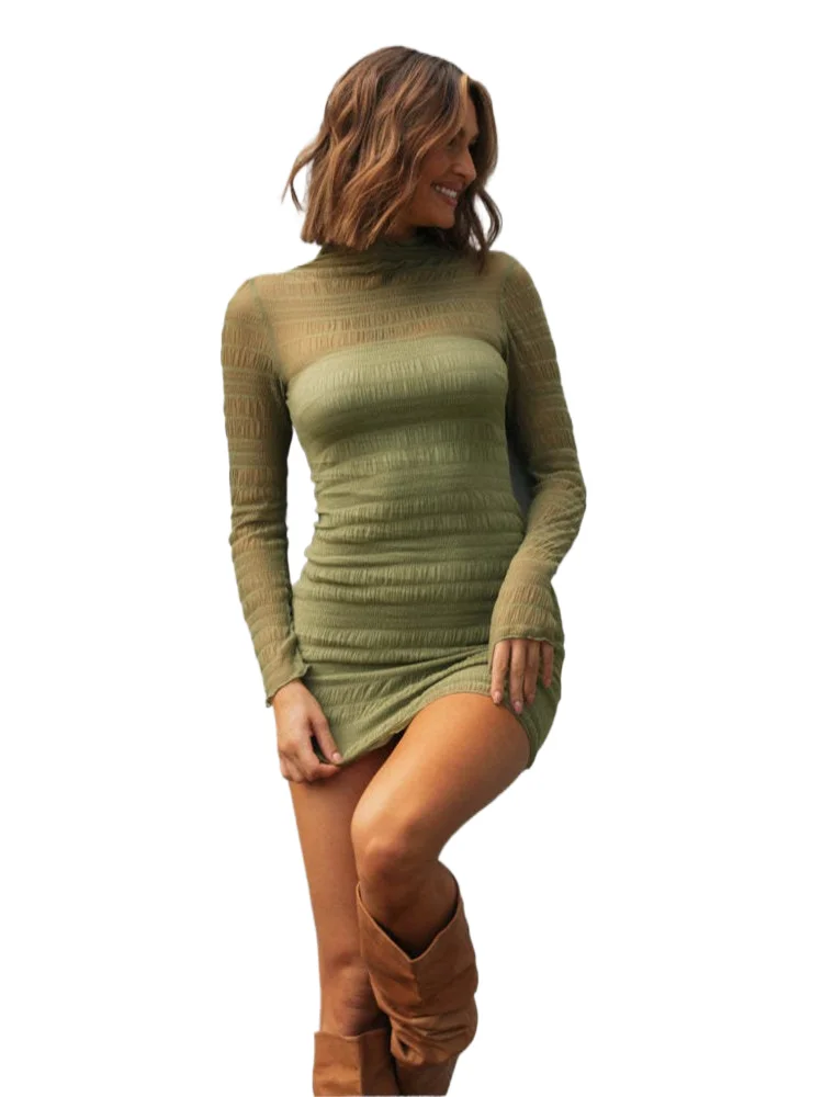 

Fashion Green Elegant Casual Mini Dress Women's Style Knitted See-through Tight Hip-hugging Long-sleeved Dresses For Women Robe