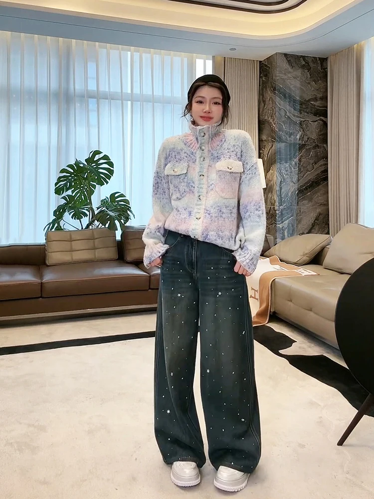 

Джинсы с высокой талией из плотного денима с эффектом снежинок, универсальные повседневные брюки, прямые, свободного кроя, с широкими штанинами, весенняя коллекция