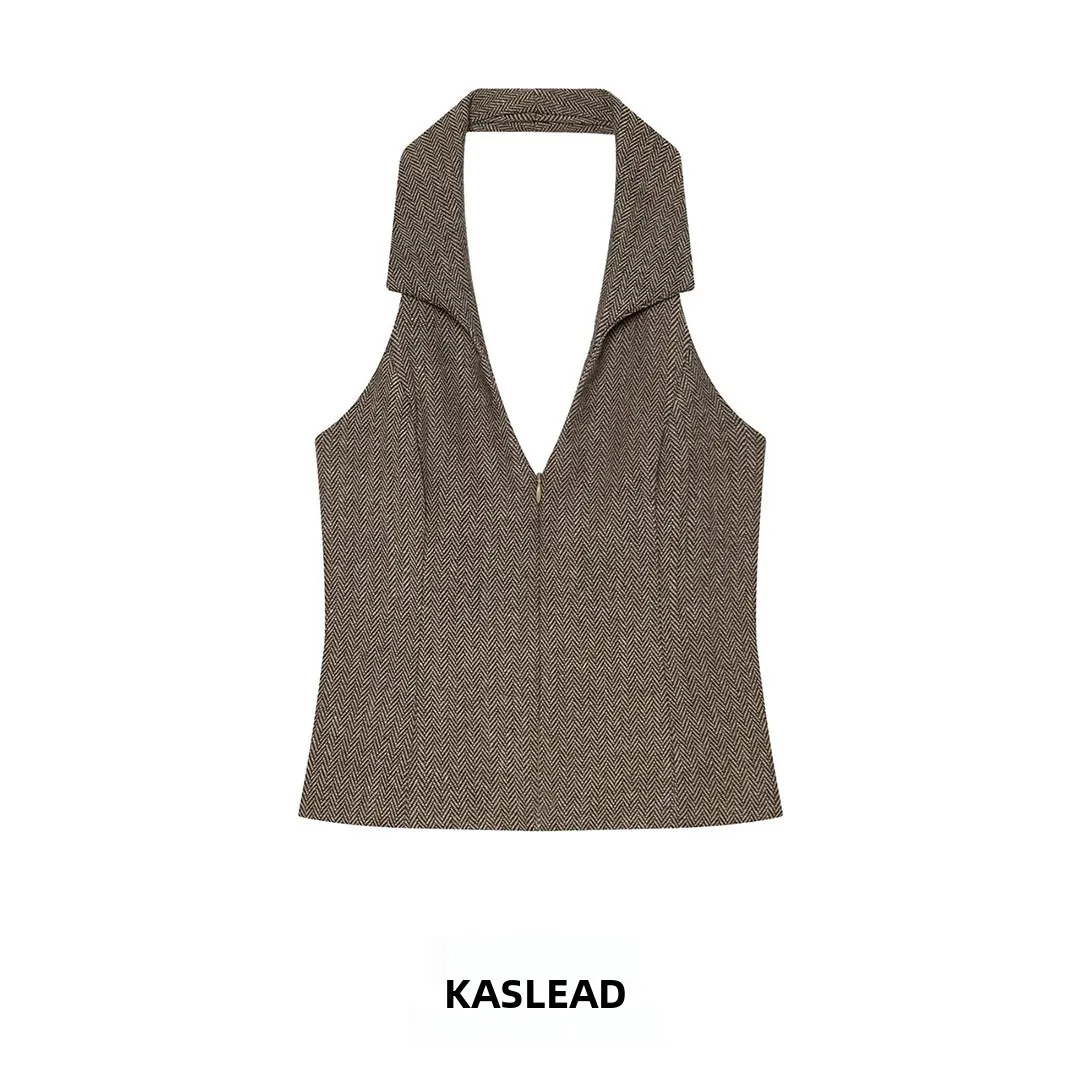 KASLEAD Women's Short Style Vest with Grommet Neck Design Slim Fit Plaid Pattern Polyester Fiber Ladies Top Fashionable