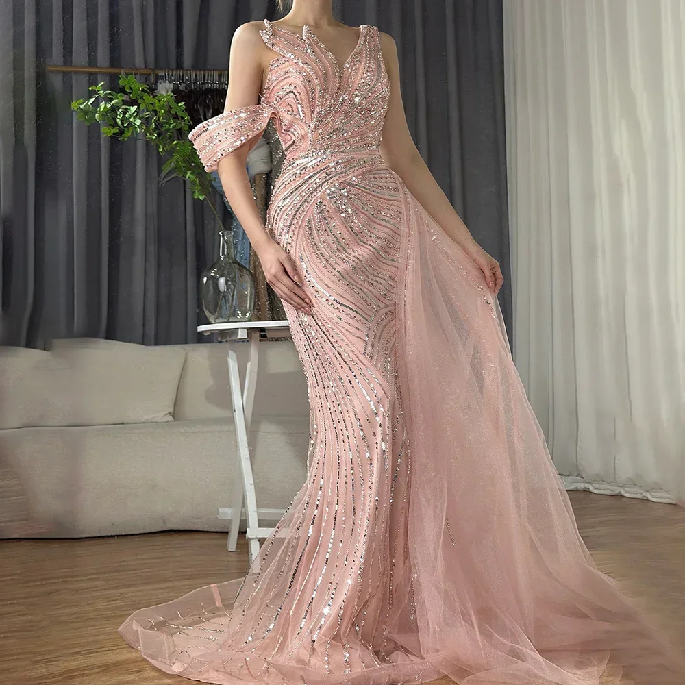 Serene Hill 2025 Arabic Pink Mermaid Elegant One Shoulder Beaded Long Evening Dress Gown for Formal Occasion Customize BLA72662A