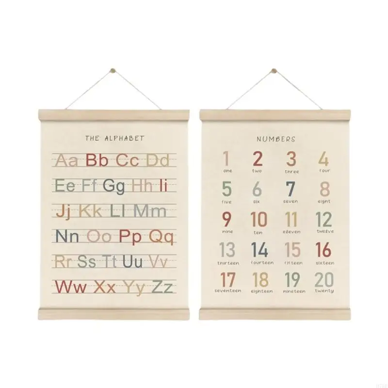 H7BF Educational Wall Hanging Decors Set of 2 Alphabets and Number Poster Hangers Frame Set for Kids Playroom Nursery